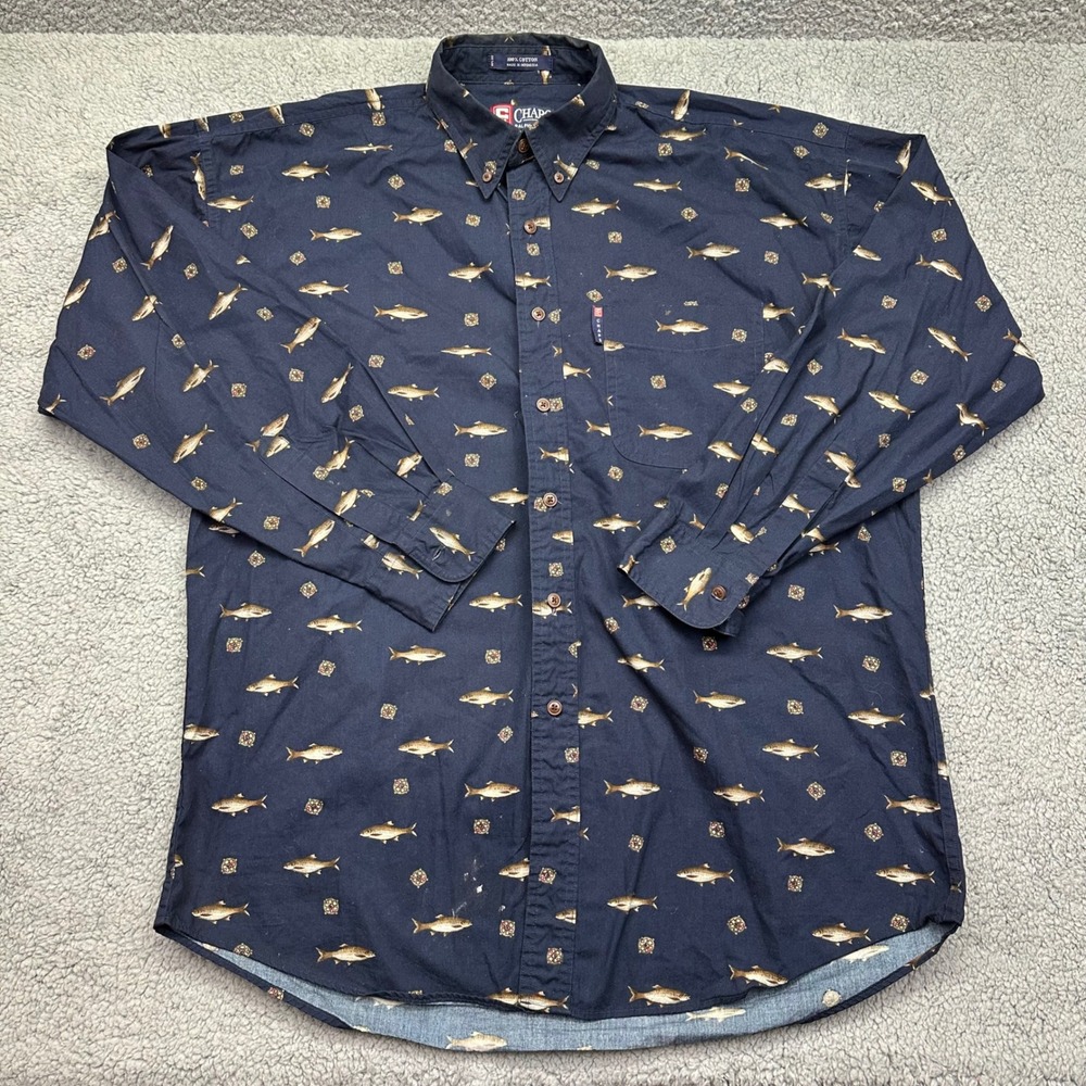 Chaps Ralph Lauren 64781 Mens Size Large Navy Blue Fish Print Button Down Shirt